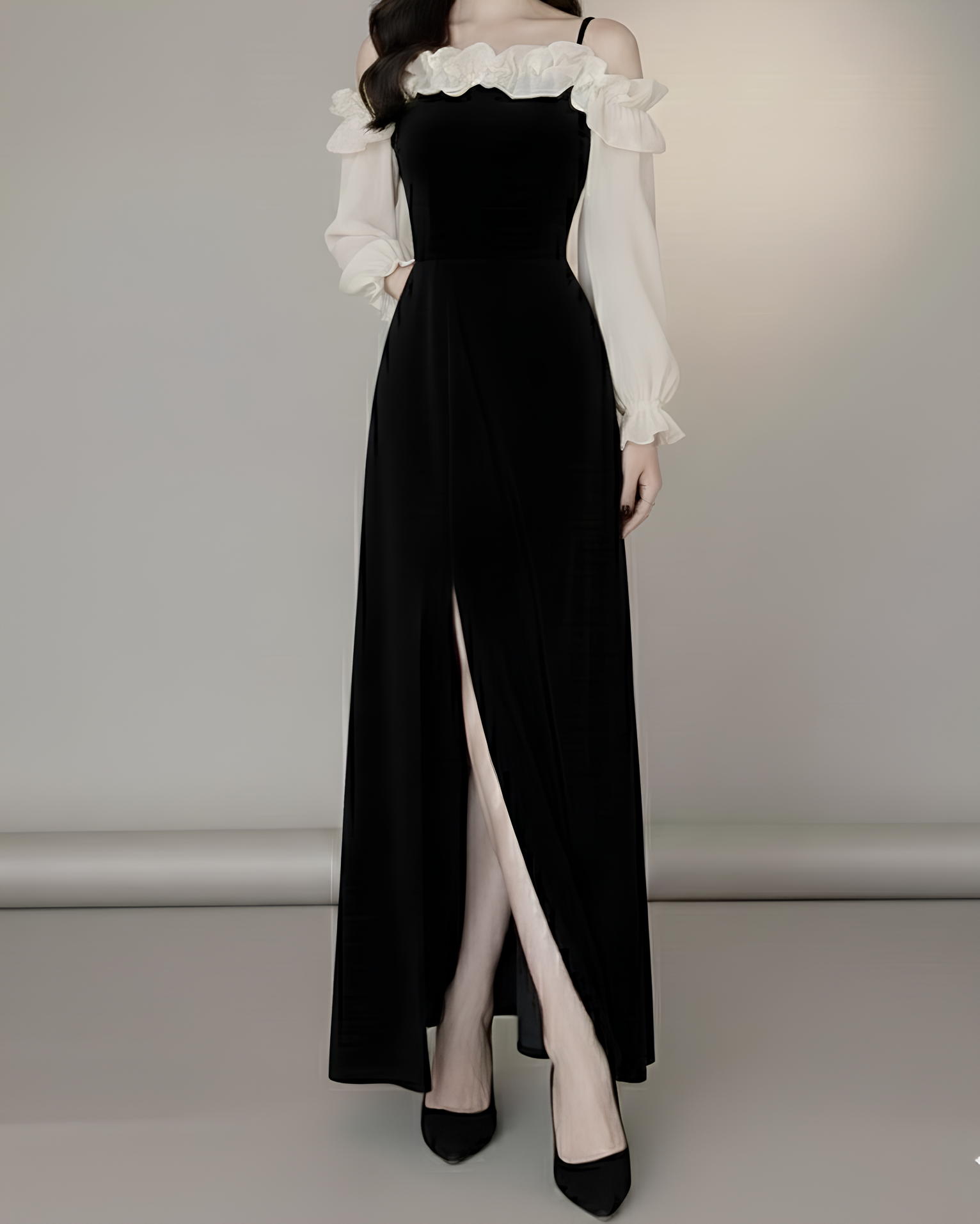 フリルシフォン オフショルベルベットワンピース Mc 683 – micury