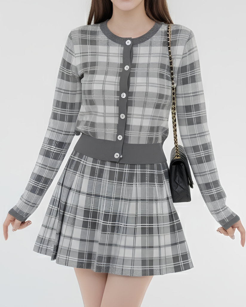 チェック柄ニットカーディガンxプリーツミニスカート セットアップ Mc
