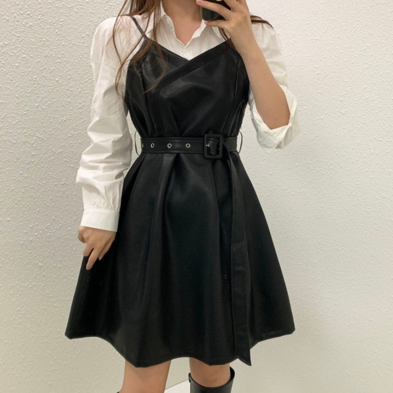 ベルト付きレザーキャミワンピース×シャツSET Mc 235