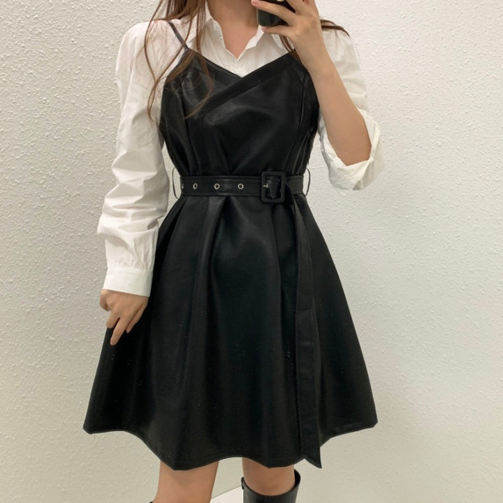 ベルト付きレザーキャミワンピース×シャツSET Mc 235