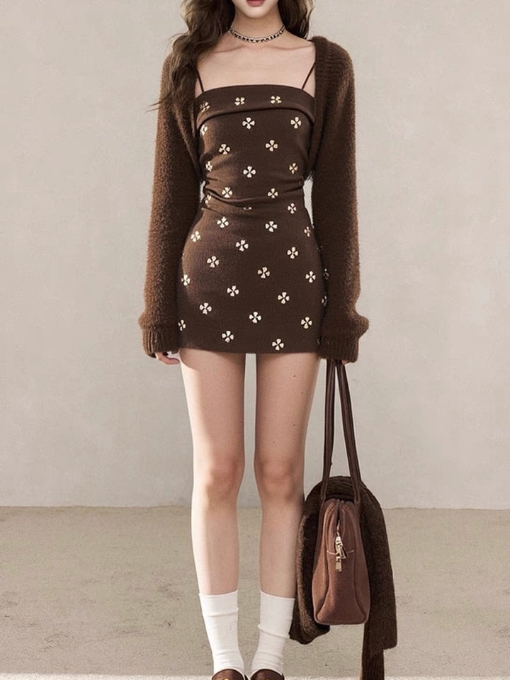 メロウムードワンピース×ショートニットカーデセット Mc 648