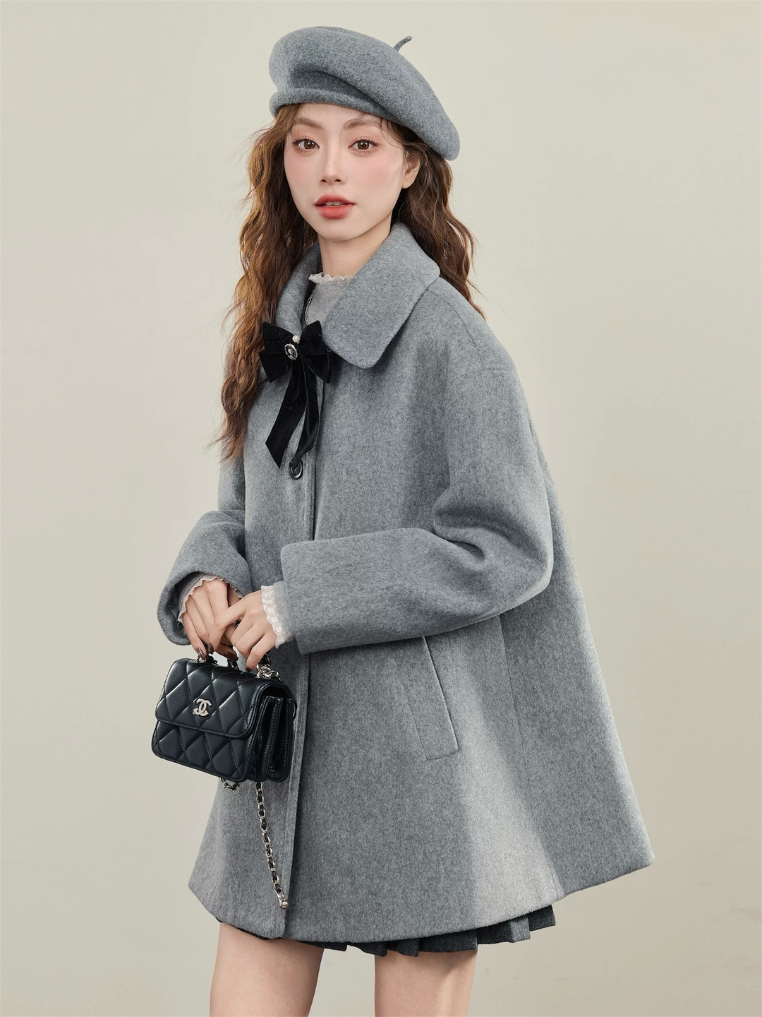 Aラインフェミニンリボンウールコート Mc 548
