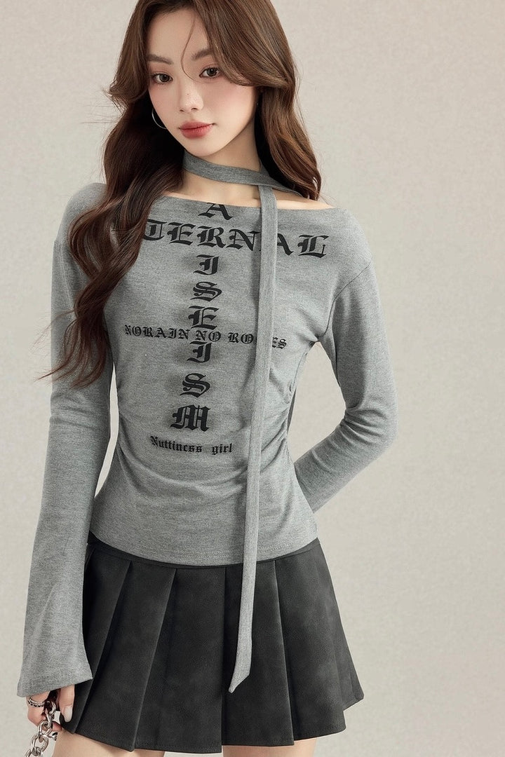 ブラックレターネックストラップTシャツ Mc 531