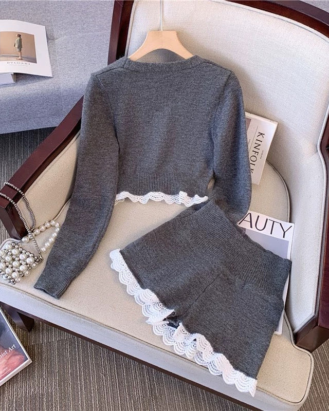 カーディガンxショートパンツレースニットセットアップ Mc 386 – micury