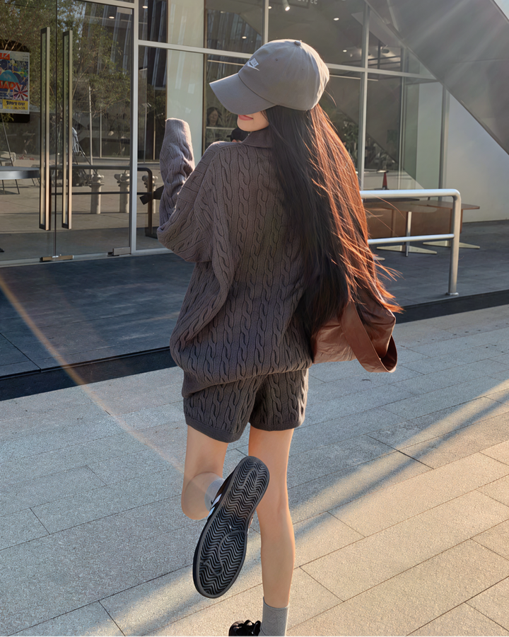 ポロ襟ツイストニット×ショートパンツセットアップ Mc 208