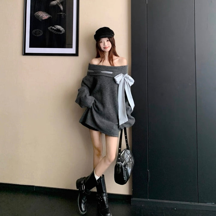 BIGリボンオフショルニットワンピース Mc 552