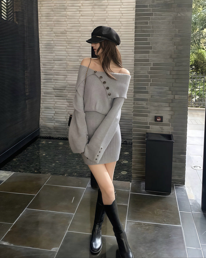 オフショルダーボタンタイトリブニットワンピース Mc 217