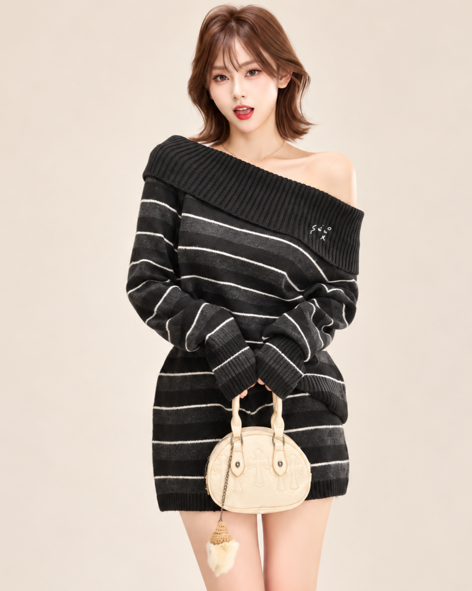オフショルルーズボーダーニットセットアップ Mc 968