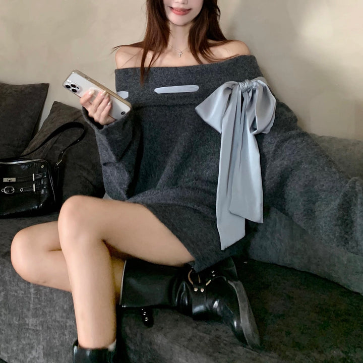 BIGリボンオフショルニットワンピース Mc 552