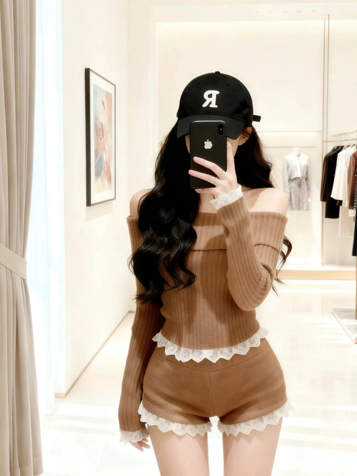 オフショルレースリブニットセットアップ Mc 651