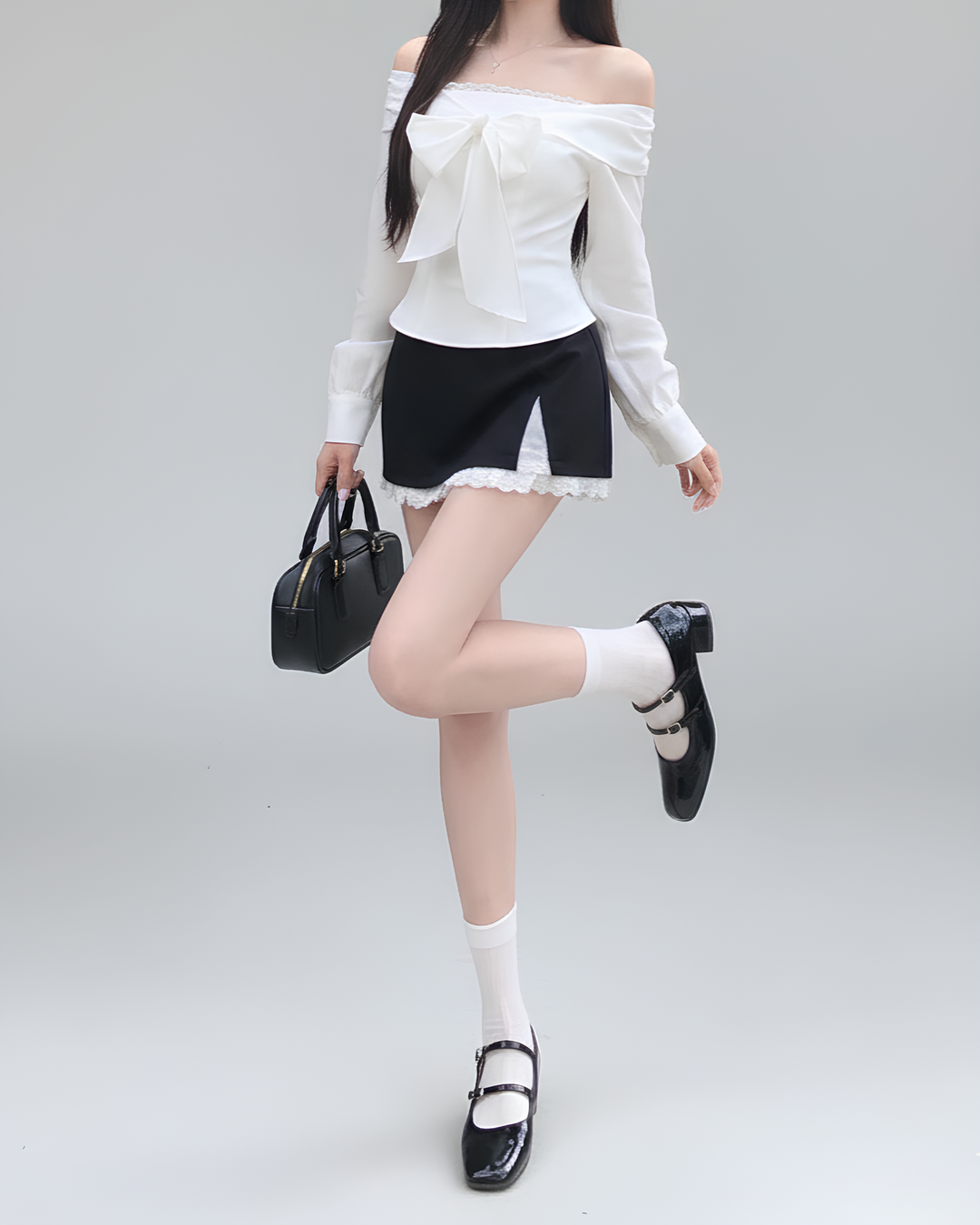 リボンオフショルブラウス×レースミニスカート Mc 733