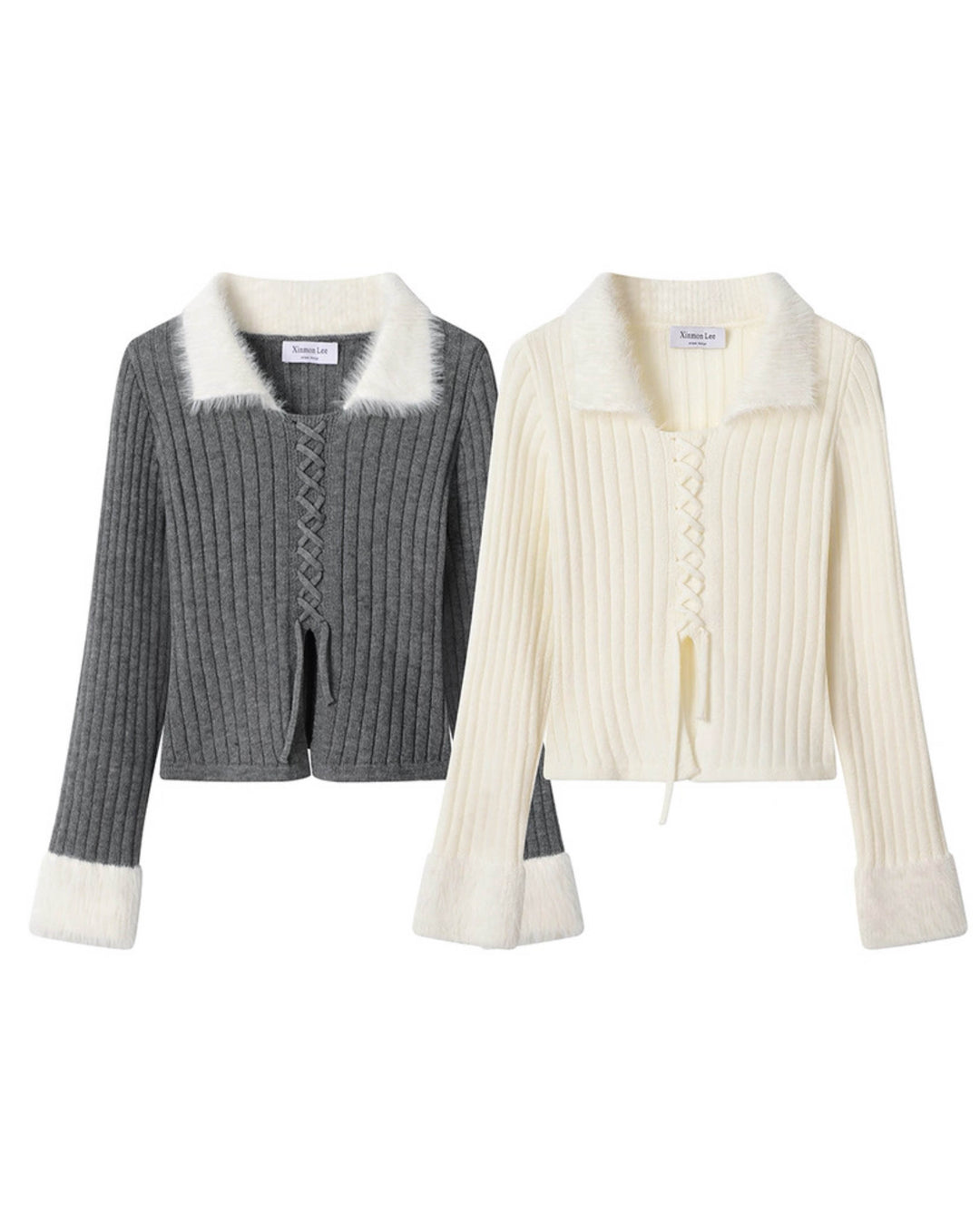 ファーフリルリブレースアップニットトップス Mc608