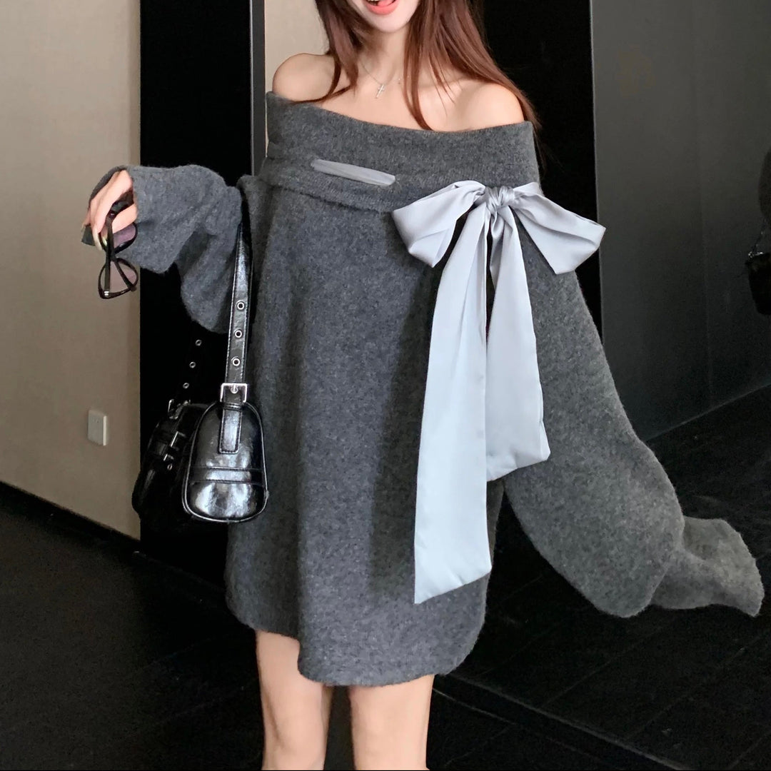 BIGリボンオフショルニットワンピース Mc 552