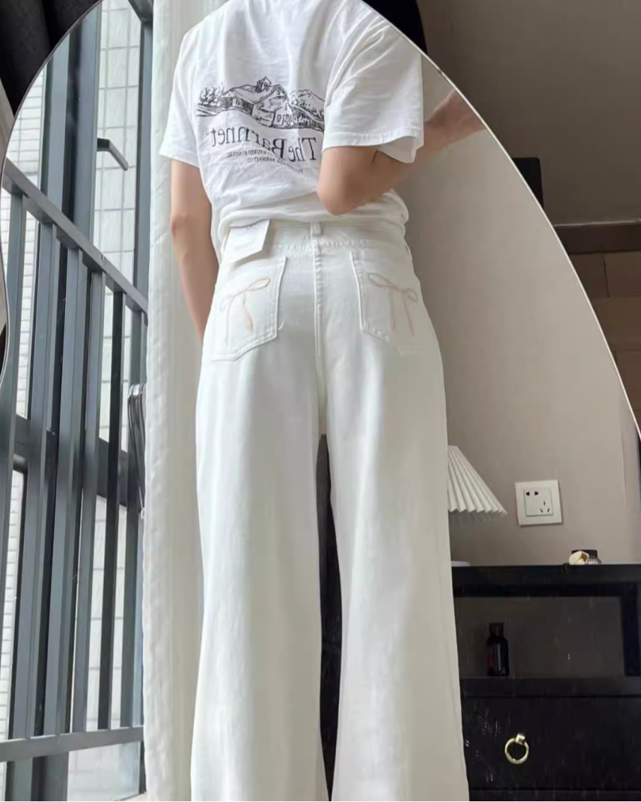 バックリボン刺繍ハイウエストワイドパンツ Mc 327