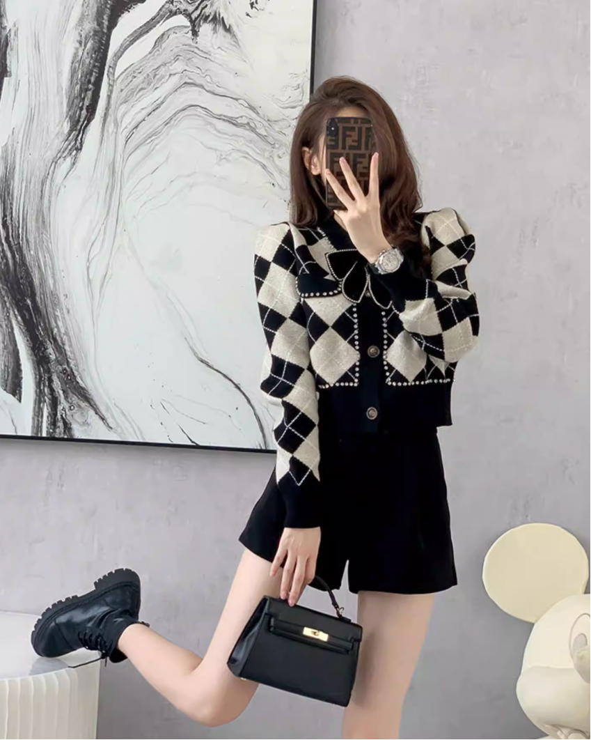 BIGリボンビジューアーガイルニットカーディガン Mc 124