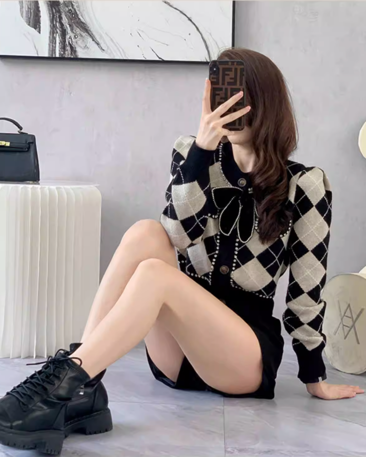 BIGリボンビジューアーガイルニットカーディガン Mc 124