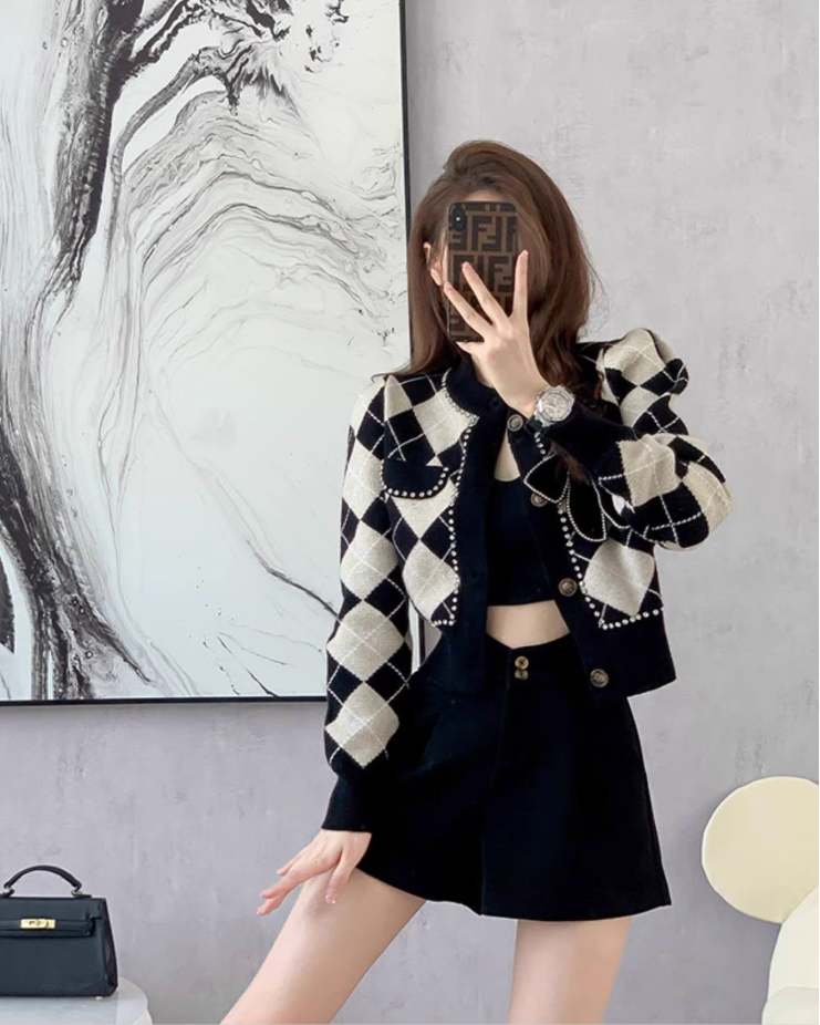 BIGリボンビジューアーガイルニットカーディガン Mc 124