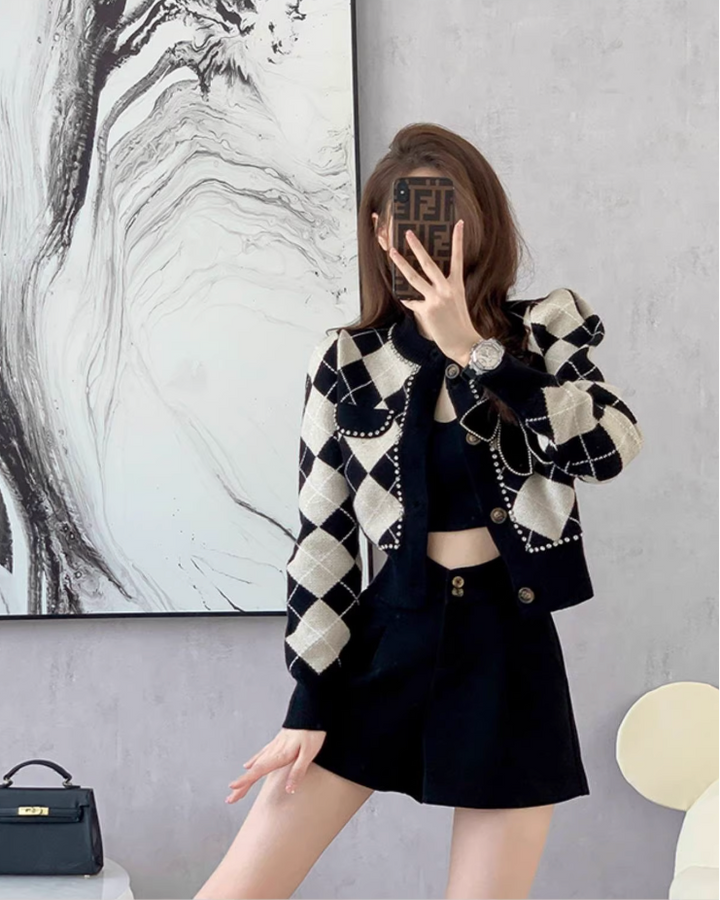 BIGリボンビジューアーガイルニットカーディガン Mc 124