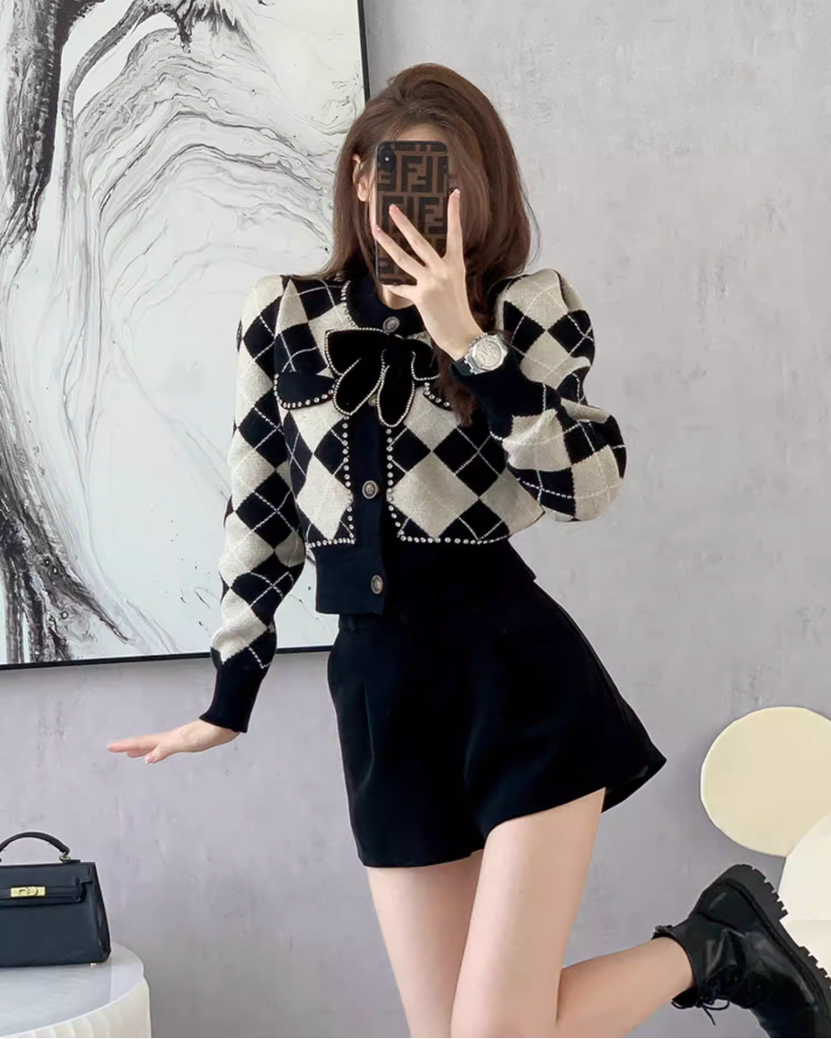 BIGリボンビジューアーガイルニットカーディガン Mc 124