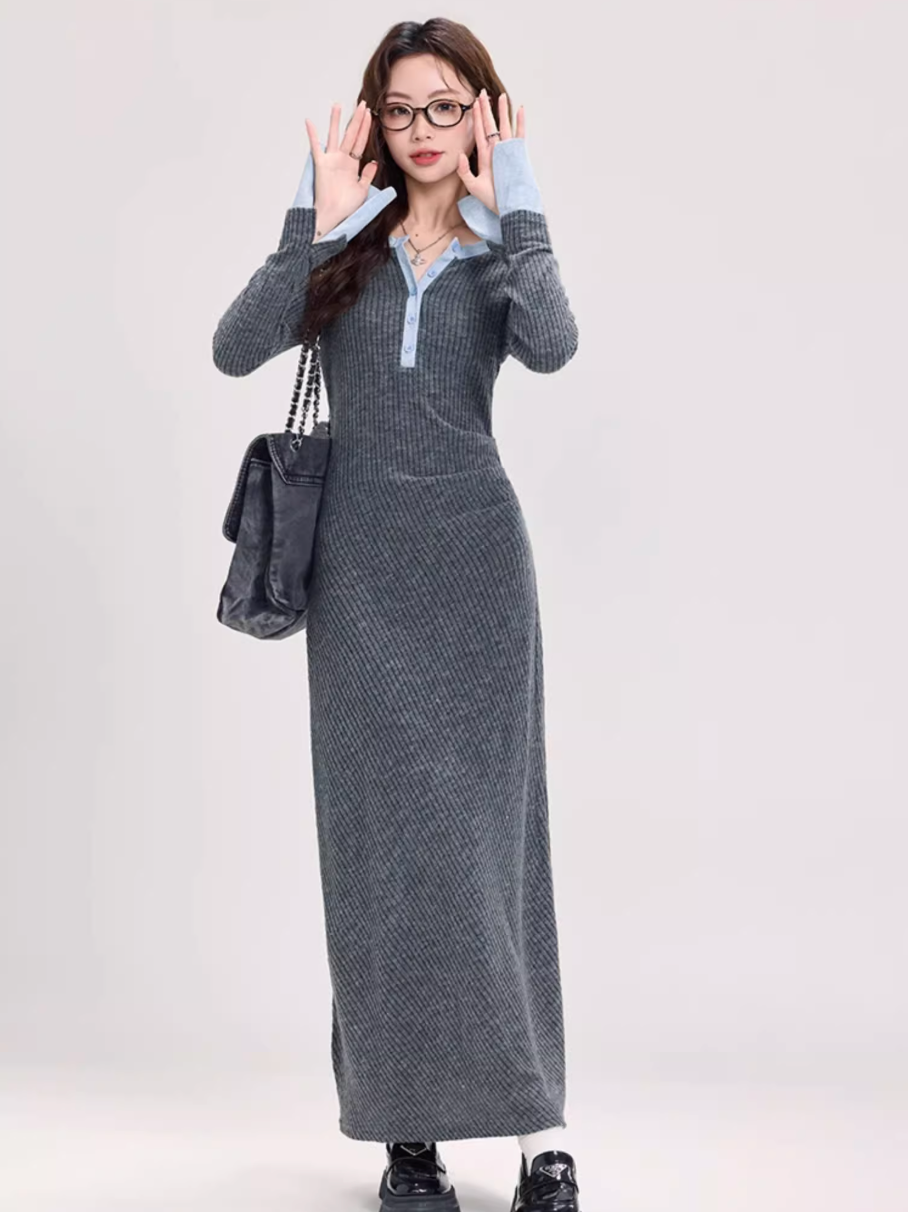 カジュアル配色ラインリブロングワンピース Mc 530