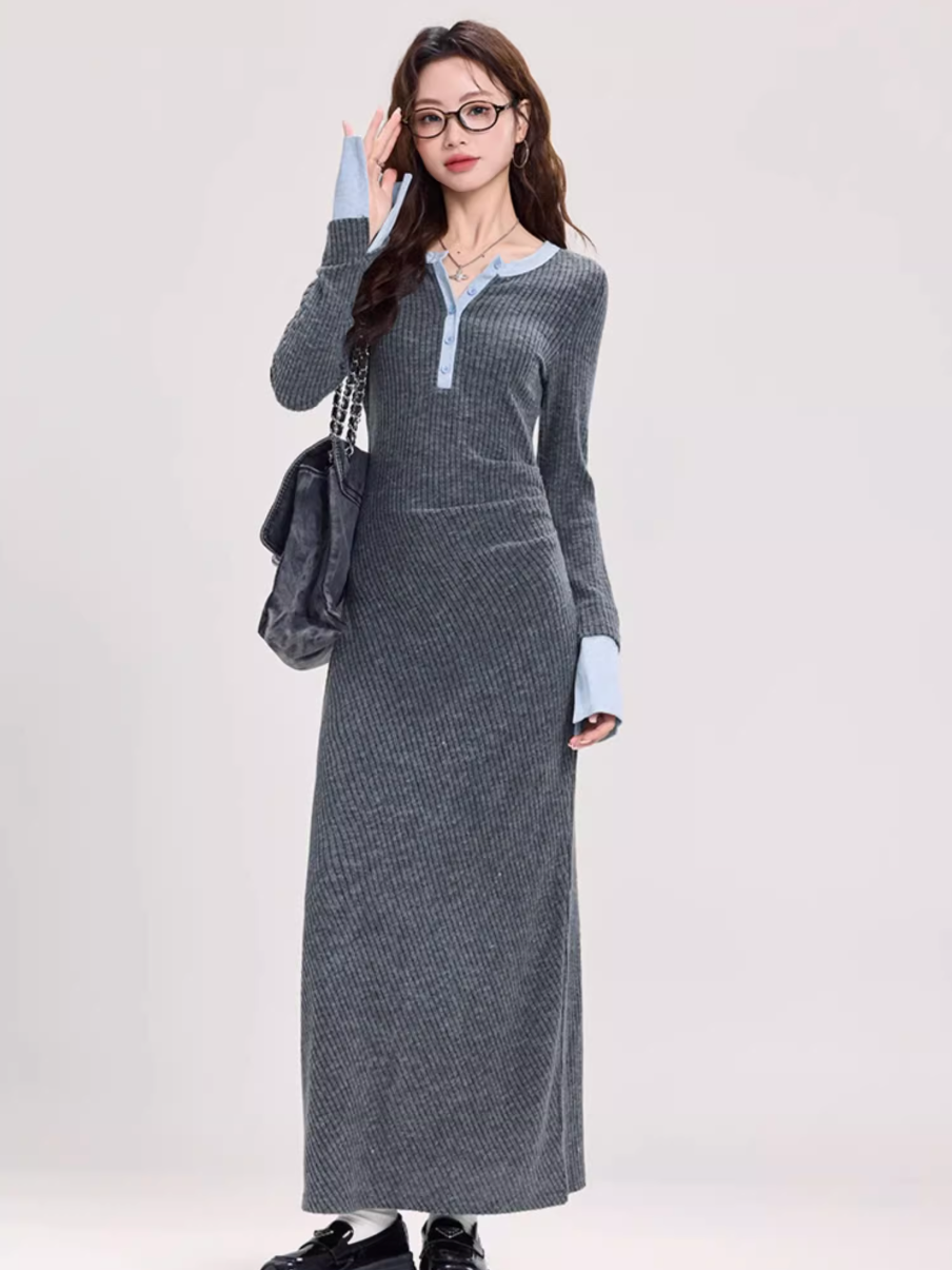 カジュアル配色ラインリブロングワンピース Mc 530