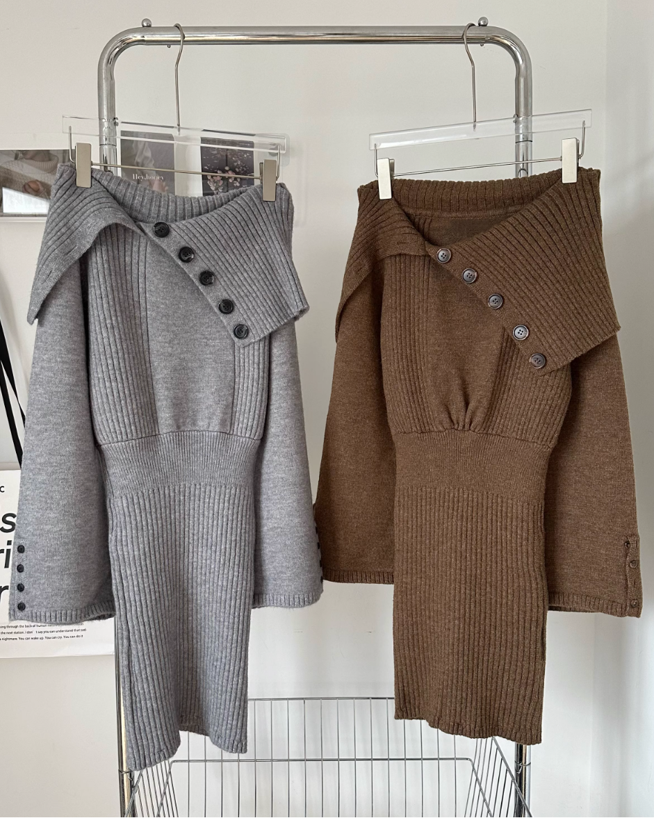 オフショルダーボタンタイトリブニットワンピース Mc 217