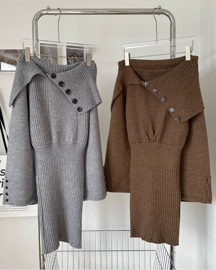 オフショルダーボタンタイトリブニットワンピース Mc 217