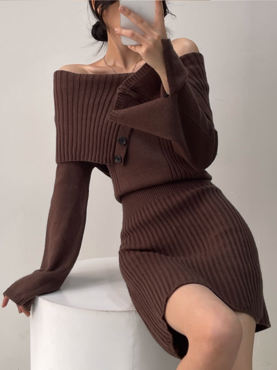 オフショルダーボタンタイトリブニットワンピース Mc 217