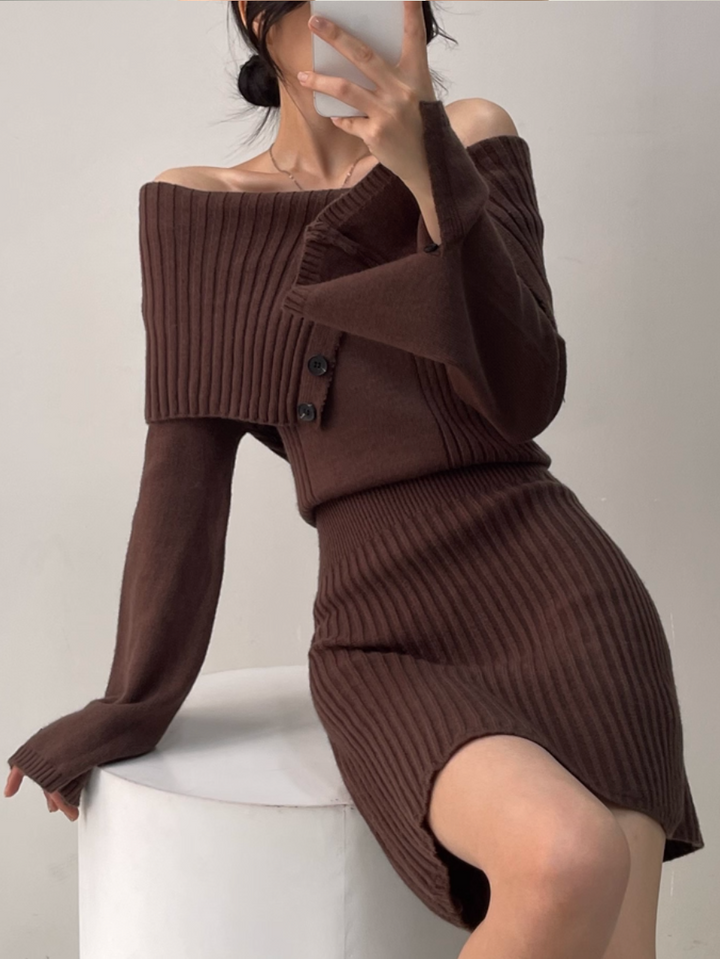 オフショルダーボタンタイトリブニットワンピース Mc 217