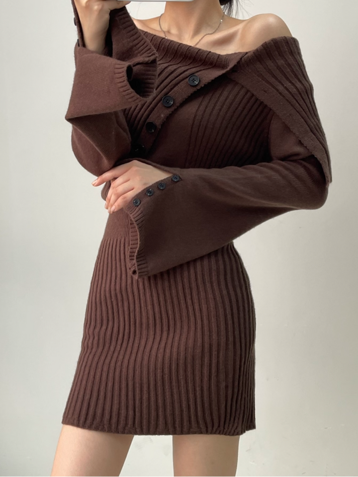 オフショルダーボタンタイトリブニットワンピース Mc 217