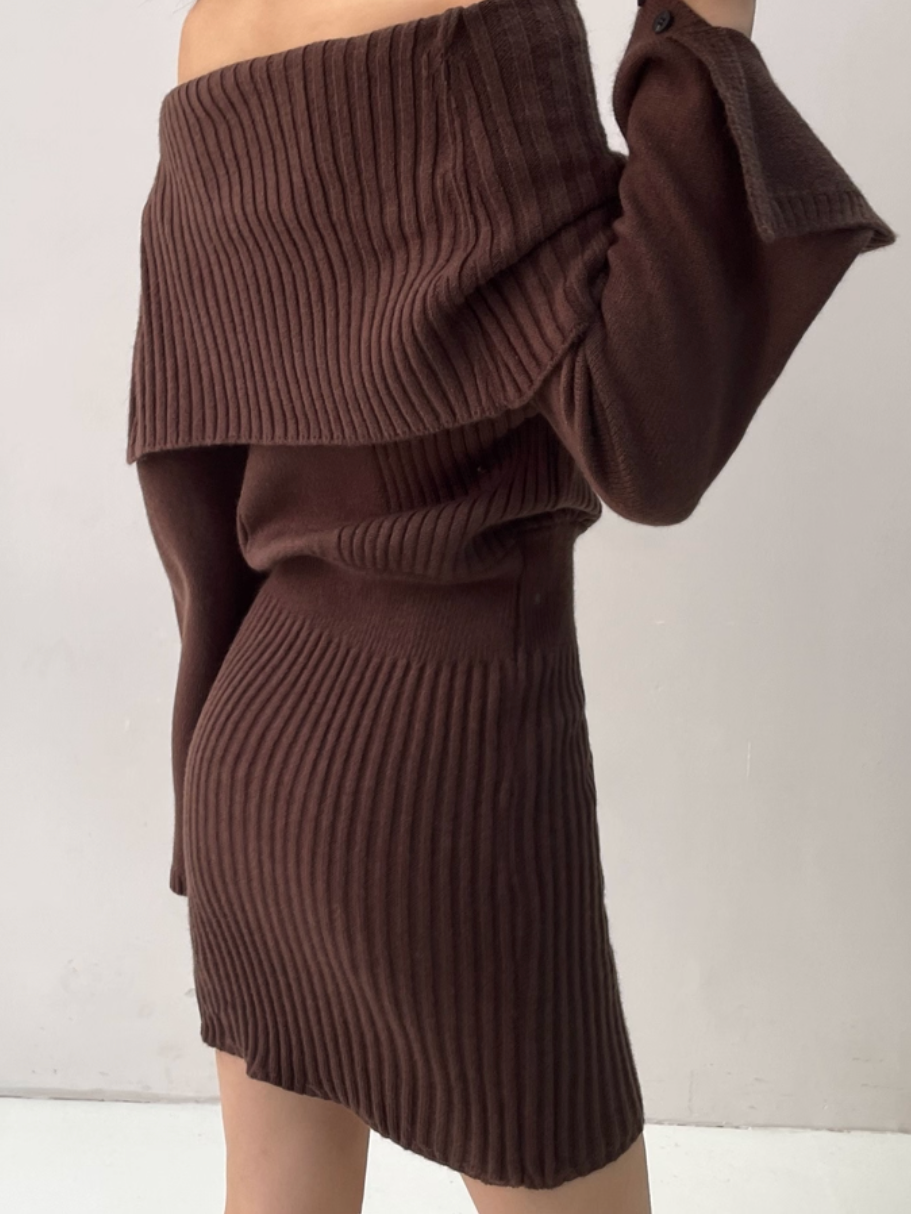 オフショルダーボタンタイトリブニットワンピース Mc 217