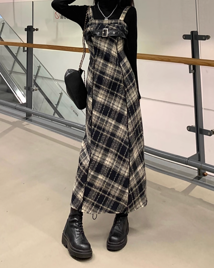 レザーベルトチェックロングワンピース Mc 296