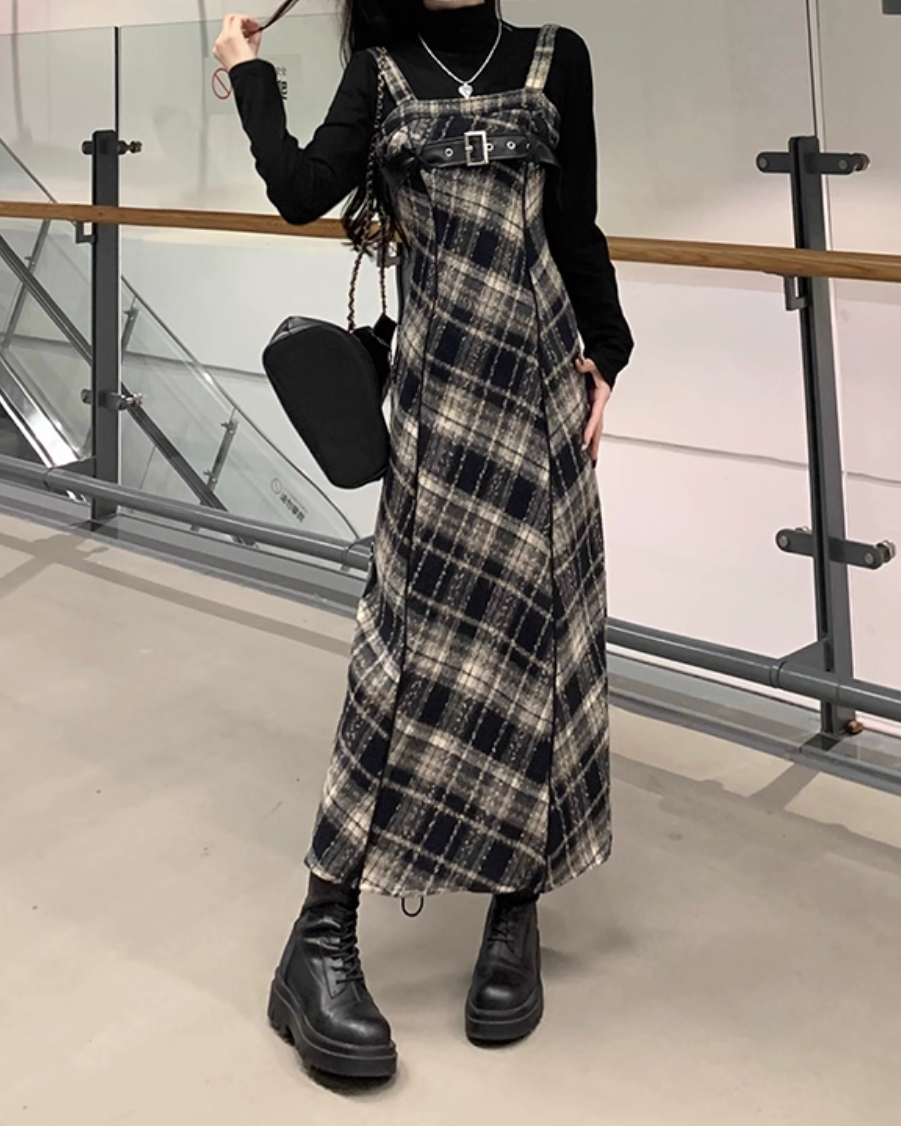 レザーベルトチェックロングワンピース Mc 296