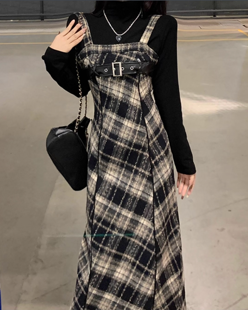 レザーベルトチェックロングワンピース Mc 296