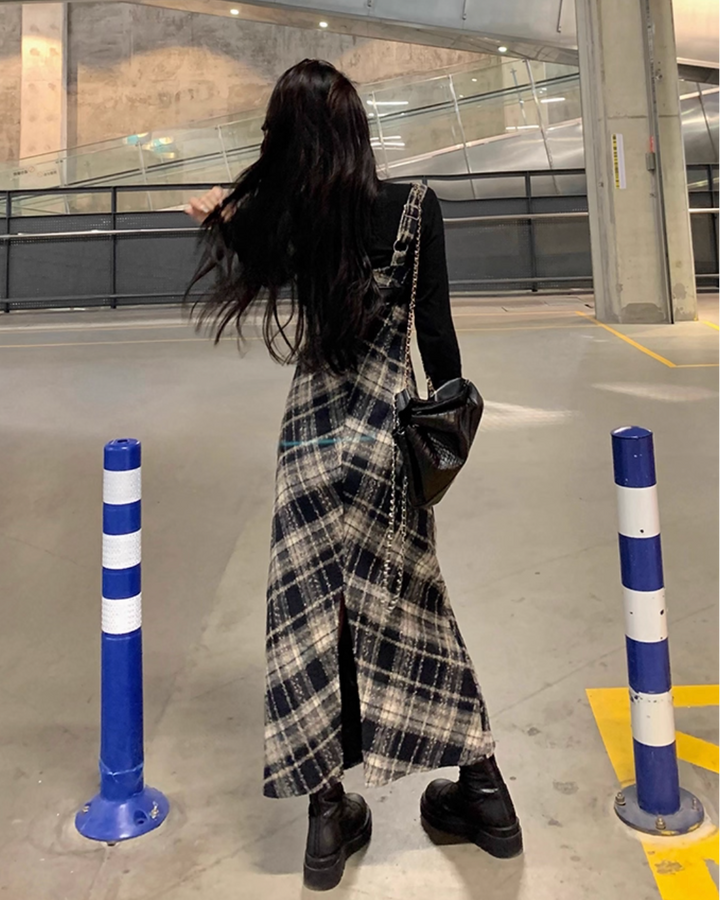 レザーベルトチェックロングワンピース Mc 296