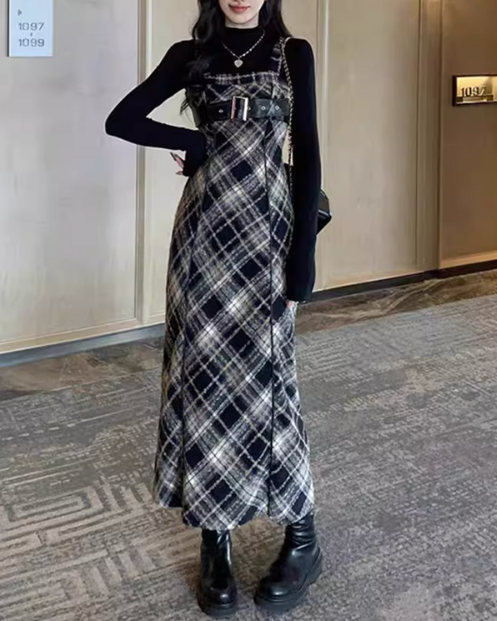レザーベルトチェックロングワンピース Mc 296