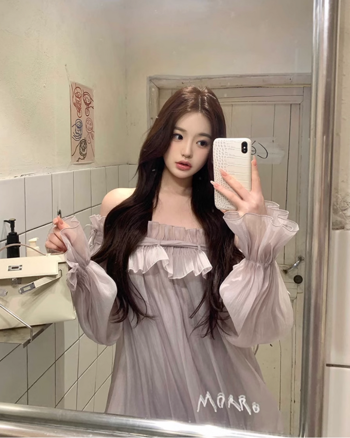 オフショルダーキャンディースリーブシフォンブラウス Mc 397