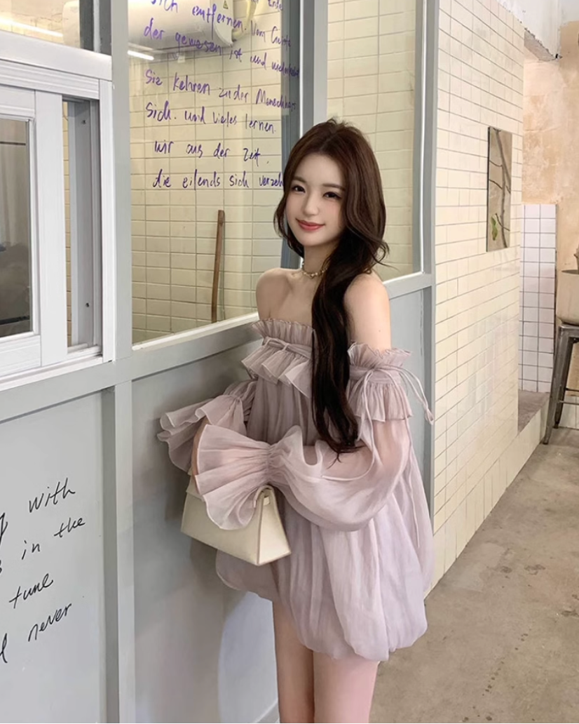 オフショルダーキャンディースリーブシフォンブラウス Mc 397