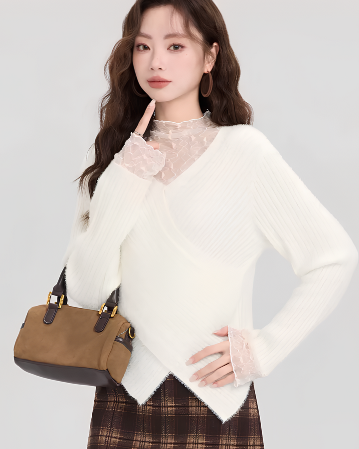 レースレイヤード風Vネックふわニットプルオーバー Mc 611