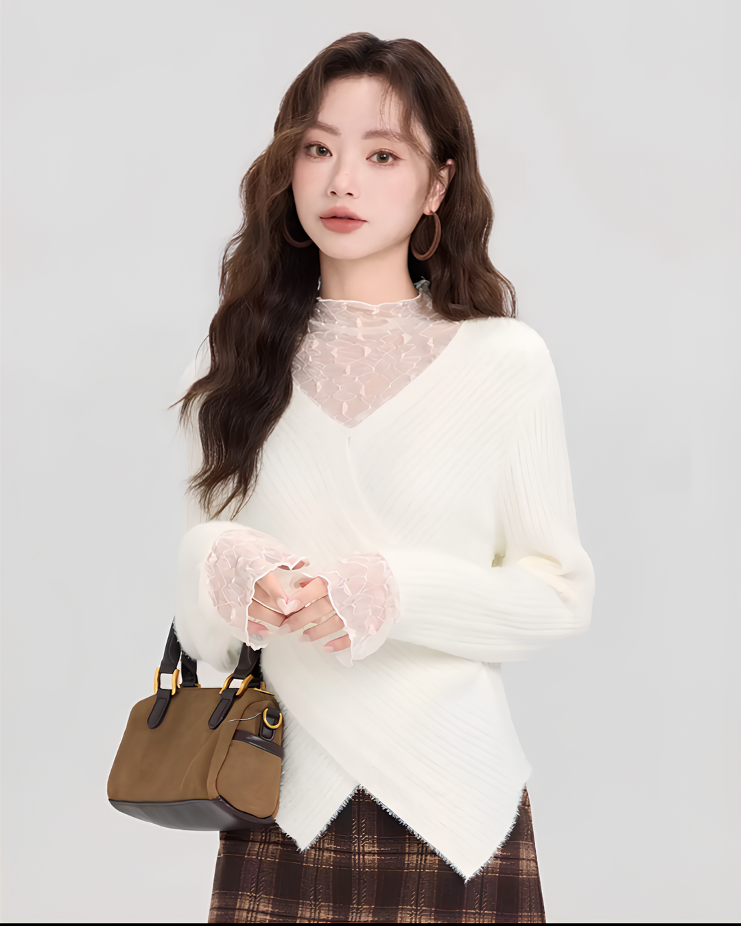 レースレイヤード風Vネックふわニットプルオーバー Mc 611