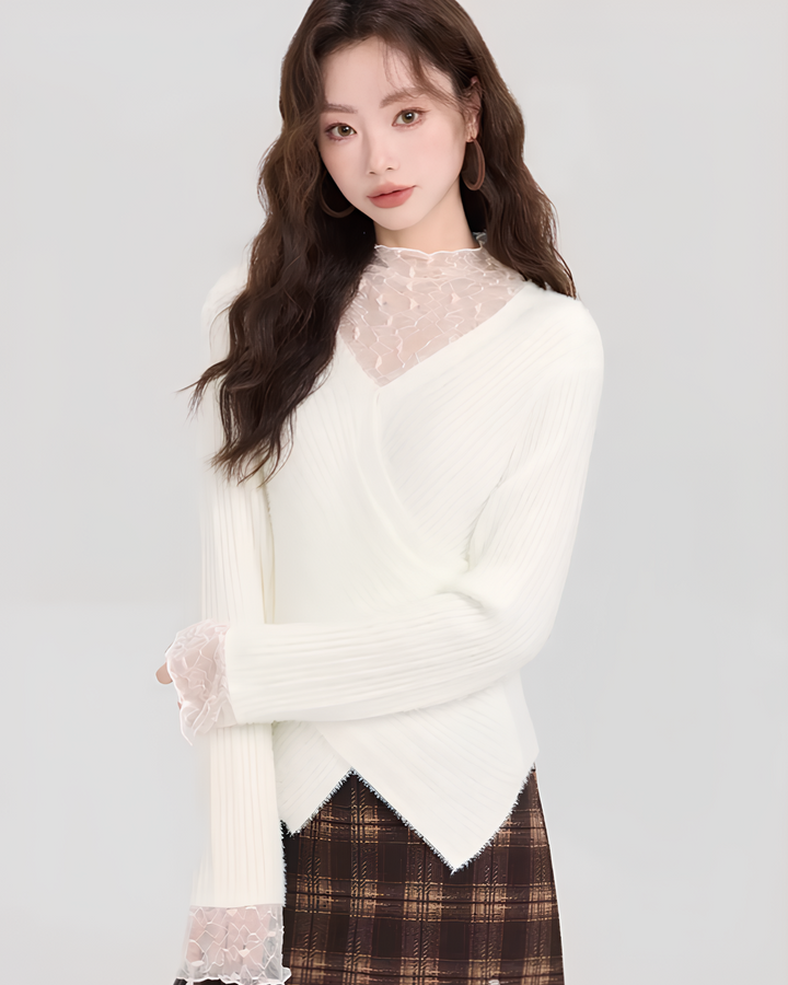 レースレイヤード風Vネックふわニットプルオーバー Mc 611