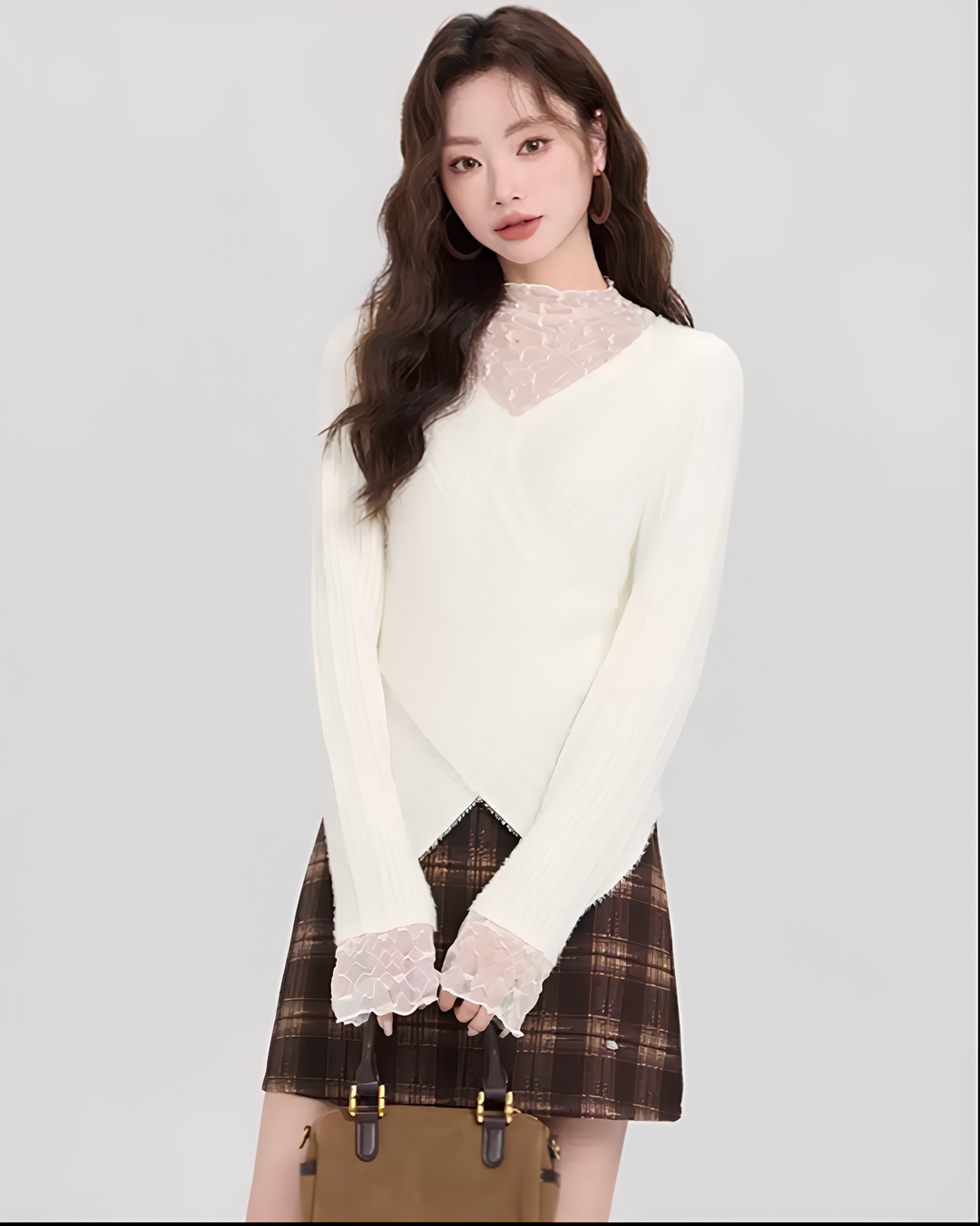 レースレイヤード風Vネックふわニットプルオーバー Mc 611