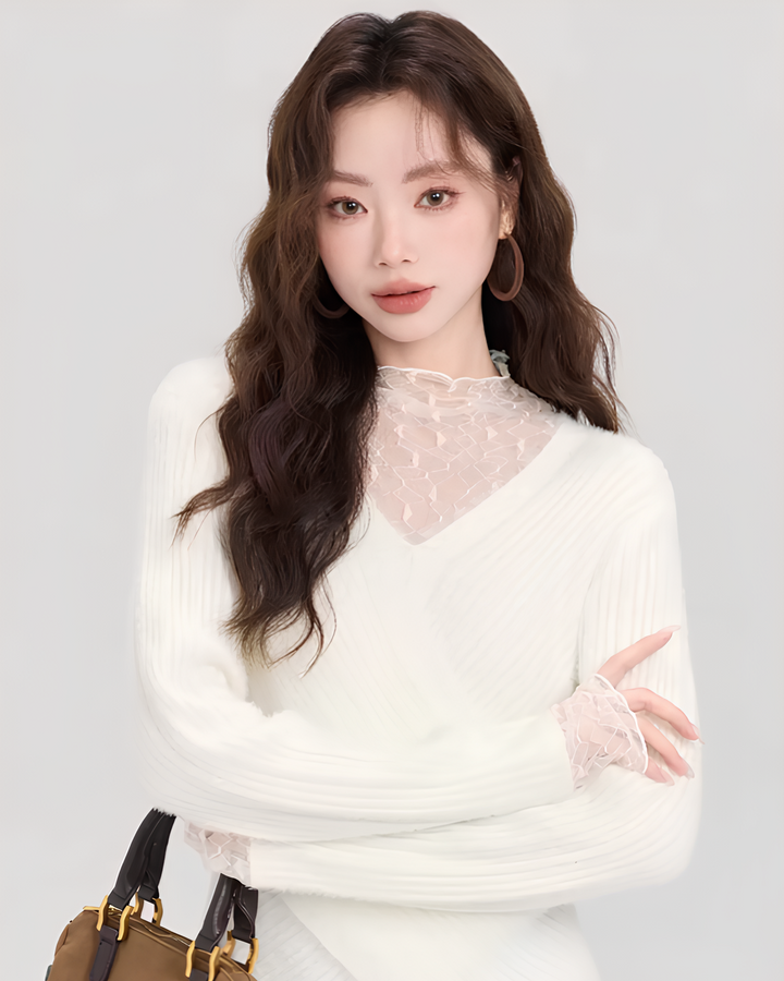 レースレイヤード風Vネックふわニットプルオーバー Mc 611