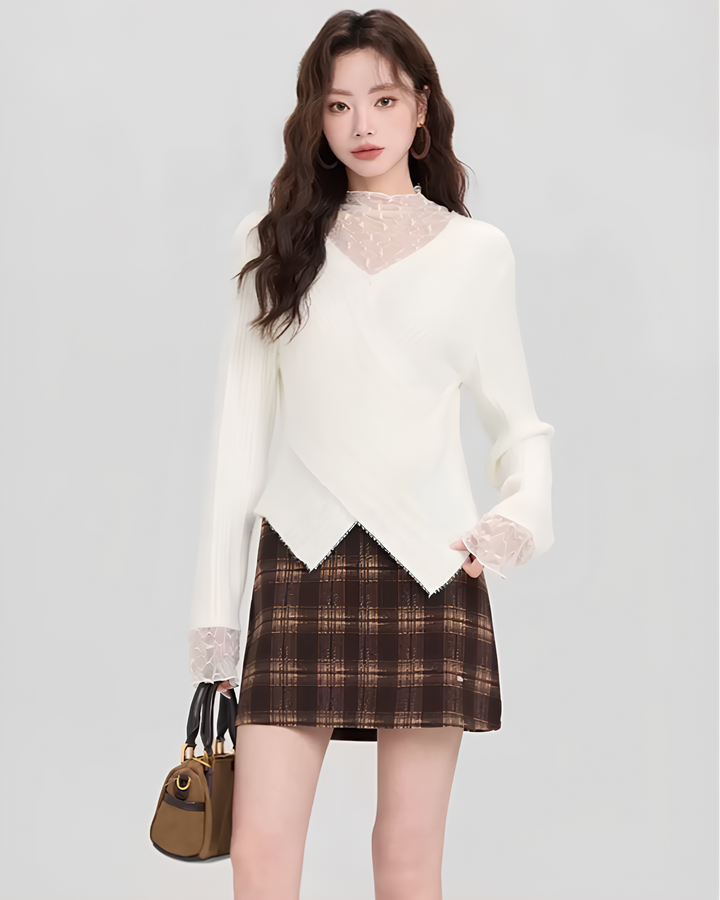 レースレイヤード風Vネックふわニットプルオーバー Mc 611