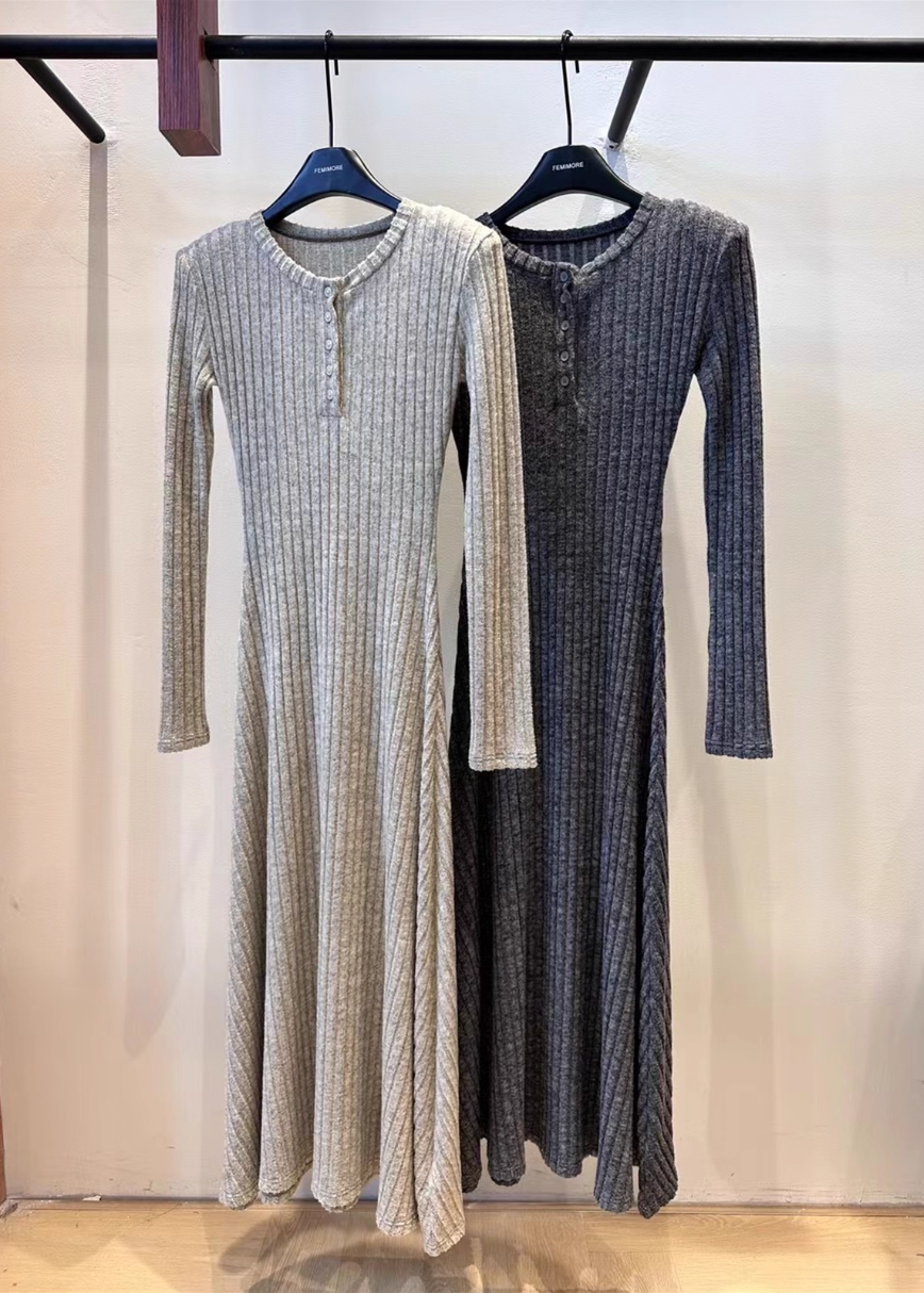 フロントボタンリブニットロングワンピース Mc 165