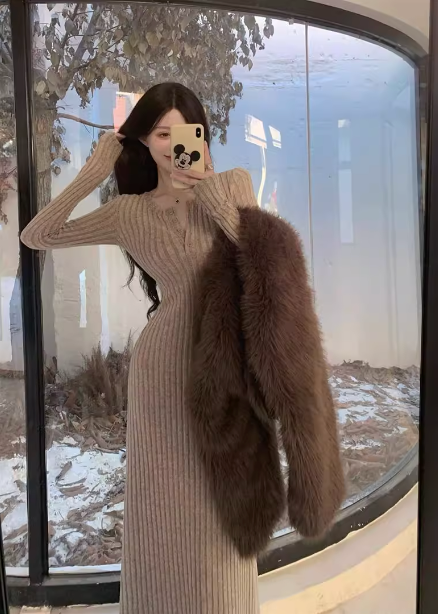 フロントボタンリブニットロングワンピース Mc 165