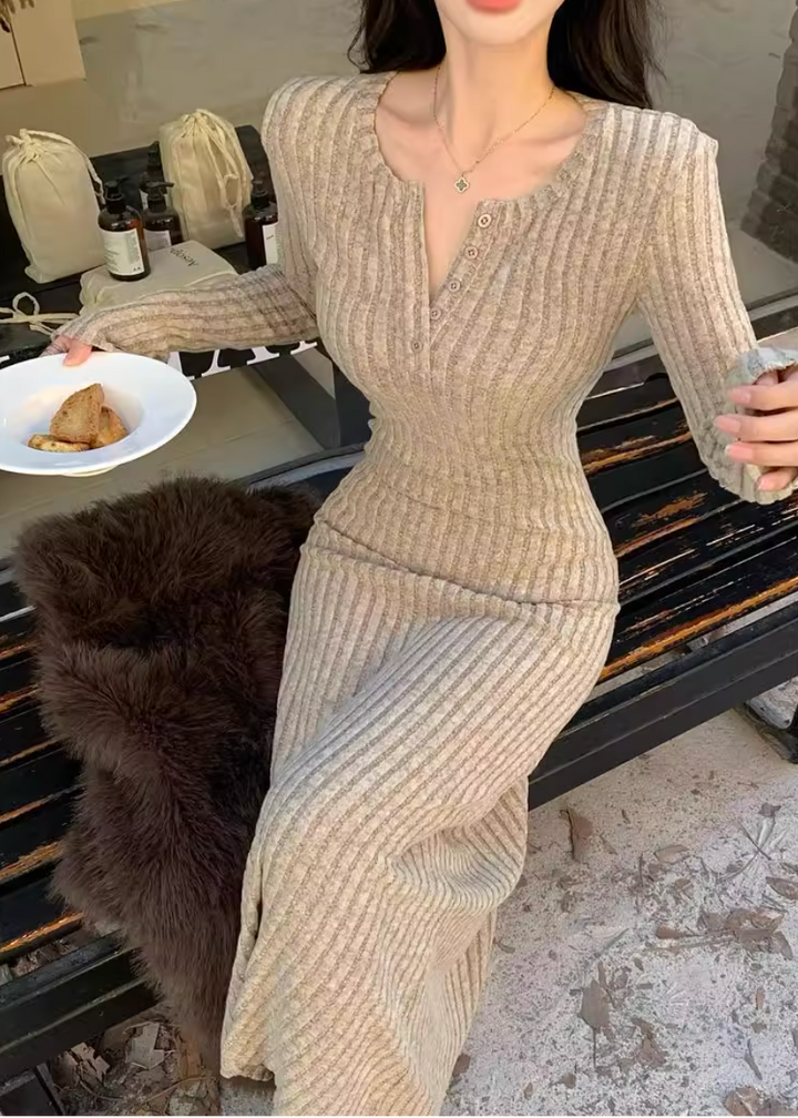 フロントボタンリブニットロングワンピース Mc 165