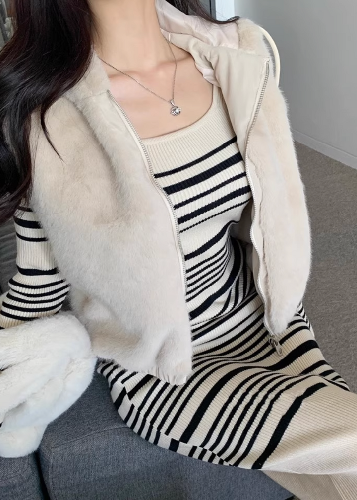 ボーダーカラースクエアリブニットワンピース Mc 310