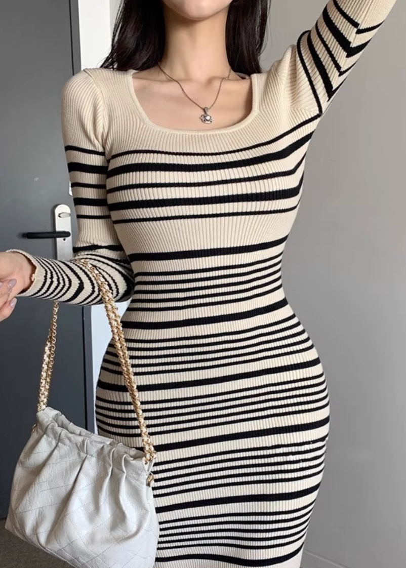 ボーダーカラースクエアリブニットワンピース Mc 310