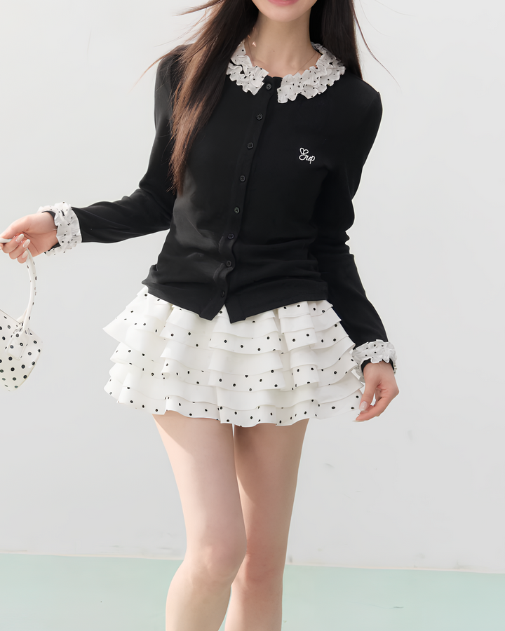 ドットフリルカラー ニットカーディガン Mc751